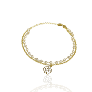 Pulseira Dupla Pérola e Pingente Flor Banho a Ouro 18k