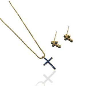 CONJUNTO RELIGIOSO CRUZ CRAVEJADO BANHO A OURO 18K